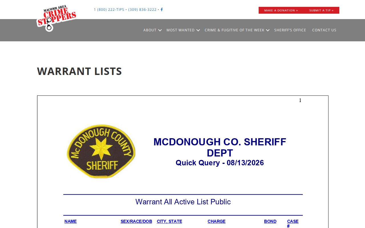 McDonough County Sheriff's official warrant-list source